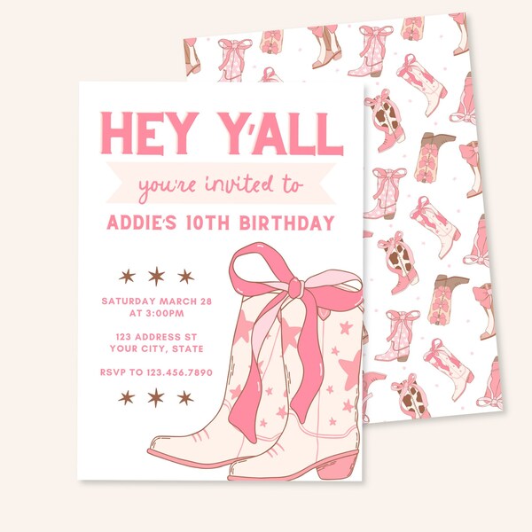 Cowgirl Invitations, Pink Cowgirl Invitation, Printed Little Cowgirl Invitations, Cowboy Boots Birthday Invitations, First Rodeo Invitations