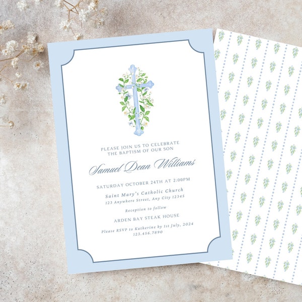 Boy Baptism Invitation, Blue and White Catholic Baptism Invitation, Printed Invitations, Preppy Formal Baptism Invitation, Chinoiserie Blue