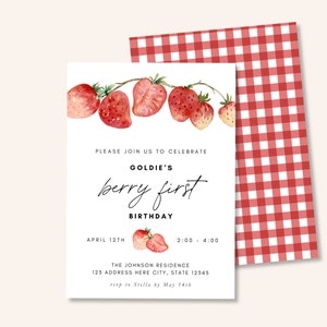 Berry First Birthday Invitations, Berry 1st Birthday, Berry Sweet Birthday, Berry First Birthday, Strawberry Birthday, Red Gingham Birthday