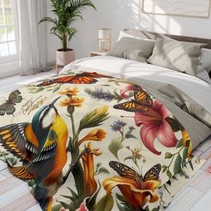 Plush Blanket, Native Birds and Butterflies Print Blanket, Arctic Fleece Blanket, Soft Throw Blanket, Comfy Warm Blanket