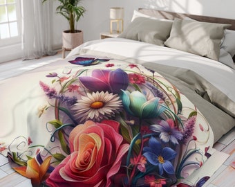 Floral Blanket, Flowers Blooming Heart Blanket, Arctic Fleece Blanket, Warm Cozy Throw Blanket, Nature Butterfly Blanket