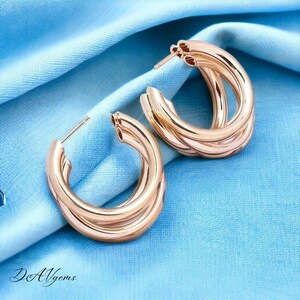 Gold Triple Earrings, Gold Hoops, Party Hoop Earrings, Elegant Hoops, Thick Triple Gold Hoop Earrings, Thick Hoops, Hoop zdjęcie 6