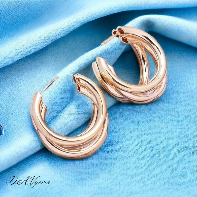 Gold Triple Earrings, Gold Hoops, Party Hoop Earrings, Elegant Hoops, Thick Triple Gold Hoop Earrings, Thick Hoops, Hoop zdjęcie 6