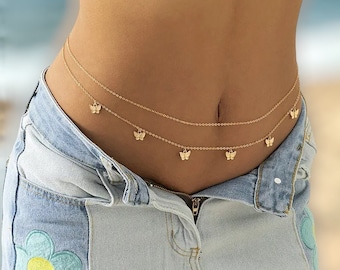 Doppellagige Silber/Gold-Bauchkette – edler Schmuck – stapelbare Accessoires – Schmetterlingskette – Bikini-Accessoires – Geschenk für Sie