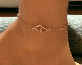 Bracelet de cheville double coeur, pendentif liaison coeur d'amour, bracelet de cheville en argent, bracelet de cheville en or, bracelet de cheville coeur d'amour entrelacé minimaliste, cadeau pour elle,