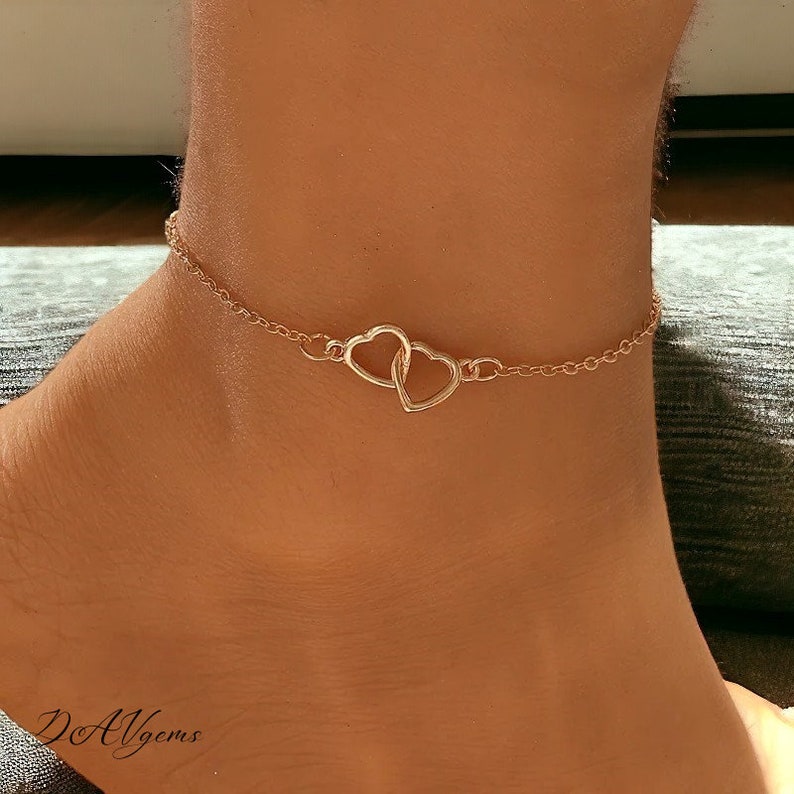 Double Heart Anklet, Love Heart Bonded Pendant, Silver Anklet, Gold Anklet, Minimalist Intertwining Love Heart Anklet, Gift for Her, image 1