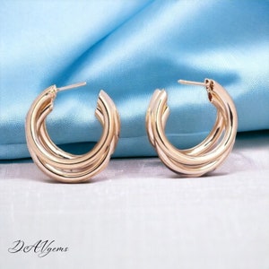 Gold Triple Earrings, Gold Hoops, Party Hoop Earrings, Elegant Hoops, Thick Triple Gold Hoop Earrings, Thick Hoops, Hoop zdjęcie 3