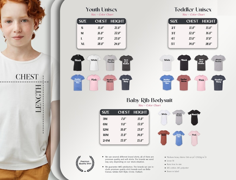 May include: A size chart for youth, toddler, and baby clothing, with chest and height measurements in inches. Includes a color chart with various t-shirt colors. The image also shows a young person wearing a white t-shirt.