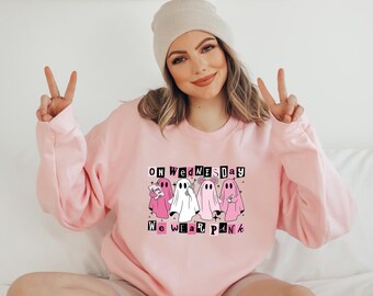 On Wednesday We Wear Pink Halloween Sweatshirt,Cute Pink Ghost Shirt,Spooky Season Shirt,Ghost Trick or Treat Shirt,Mean Girls Shirt