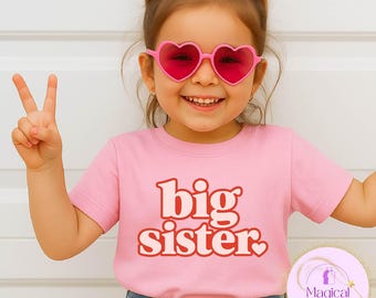 Big Sister Toddler Shirt, Retro Font Girls Tee, Sibling Announcement Outfit, Matching Sister Shirt,Pink Big Sister Gift