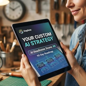 Puede incluir: Una tableta negra muestra el texto "YOUR CUSTOM AI STRATEGY" con una puntuación de preparación de 88 y una hoja de ruta de 90 días. La tableta la sostiene una persona con una camisa de mezclilla, con un fondo de taller.