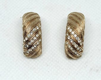 Christian Dior Gold Tone Clip-On Earrings Textured with Crystals Vintage Stamped