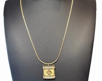 Vintage Givenchy Gold Tone Pendant Necklace Crystal Rhinestone G Logo Signed 16"
