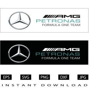 Könnte beinhalten: Ein digitaler Download von Vektorgrafiken mit dem Logo des Mercedes-AMG Petronas Formel-1-Teams. Das Logo ist eine Kombination aus dem Mercedes-Benz Dreizackstern und dem Petronas-Logo. Das Logo ist in den Formaten EPS, SVG, PNG, DXF und JPG verfügbar.