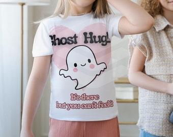 Ghost Hug Funny T-Shirt, Pink heart and white ghost on a cotton Graphic tee Youth Short Sleeve Tee spooky