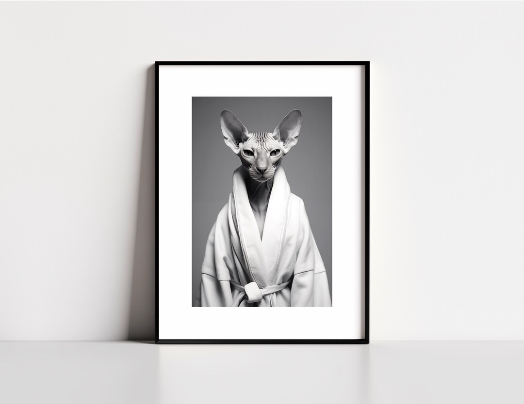 Sphynx Cat Art Cat in a Bathrobe Cat Wall Art Funny Cat Art Funny Cat ...
