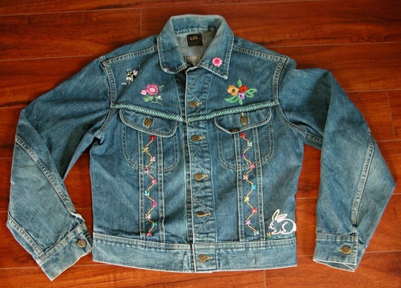 LEE RIDER Embroidered Blue Denim Jacke Wms Sz M D… - image 10