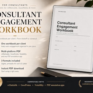 May include: A digital tablet displaying a "Consultant Engagement Workbook" template. The image includes text about the workbook's features, compatibility with various apps, and a stylus. The design is clean and professional, suitable for consultants.