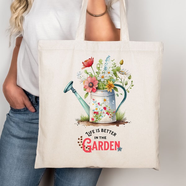 Sac pour arrosoir floral, La vie est meilleure dans le jardin, Fourre-tout d'épicerie réutilisable Sac fourre-tout en toile de coton