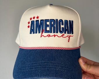Embroidered American Honey Trucker Hat, Denim Bill, Snapback Summer Cap