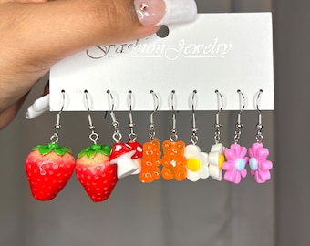 Strawberry earrings pink aesthetic earring cottagecore whimsical earrings fairy red earrings girly feminine earrings set strawberry mushroom