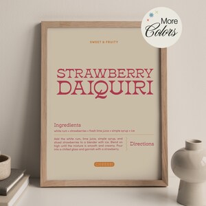 Impresión de arte de cóctel Daiquiri de fresa / Cartel de cóctel de recibo / Arte de carrito de bar / Decoración de cocina / Impresión de póster de receta de cóctel