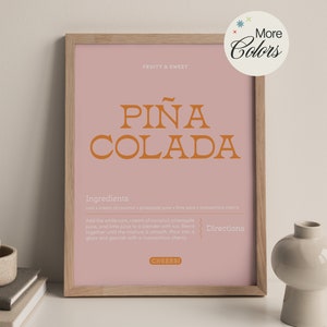 Piña Colada Cocktail Art Print / Cartel de cóctel de recibo / Arte de carrito de bar / Decoración de cocina / Impresión de póster de receta de cóctel / Color personalizado