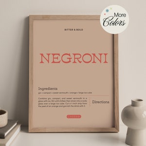 Negroni Cocktail Art Print / Cartel de cóctel de recibo / Arte de carrito de bar / Decoración de cocina / Impresión de póster de receta de cóctel / Color personalizado