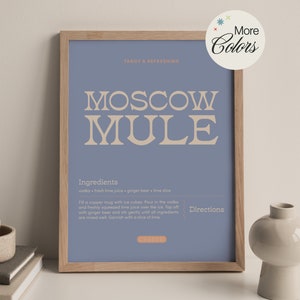Impresión de arte de cóctel de mula de Moscú / Cartel de cóctel de recibo / Arte de carrito de bar / Decoración de cocina / Impresión de póster de receta de cóctel / Color personalizado
