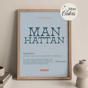 Impresión de arte de cóctel de Manhattan / Cartel de cóctel de recibo / Arte del carrito de bar / Decoración de cocina / Impresión de póster de receta de cóctel / Color personalizado