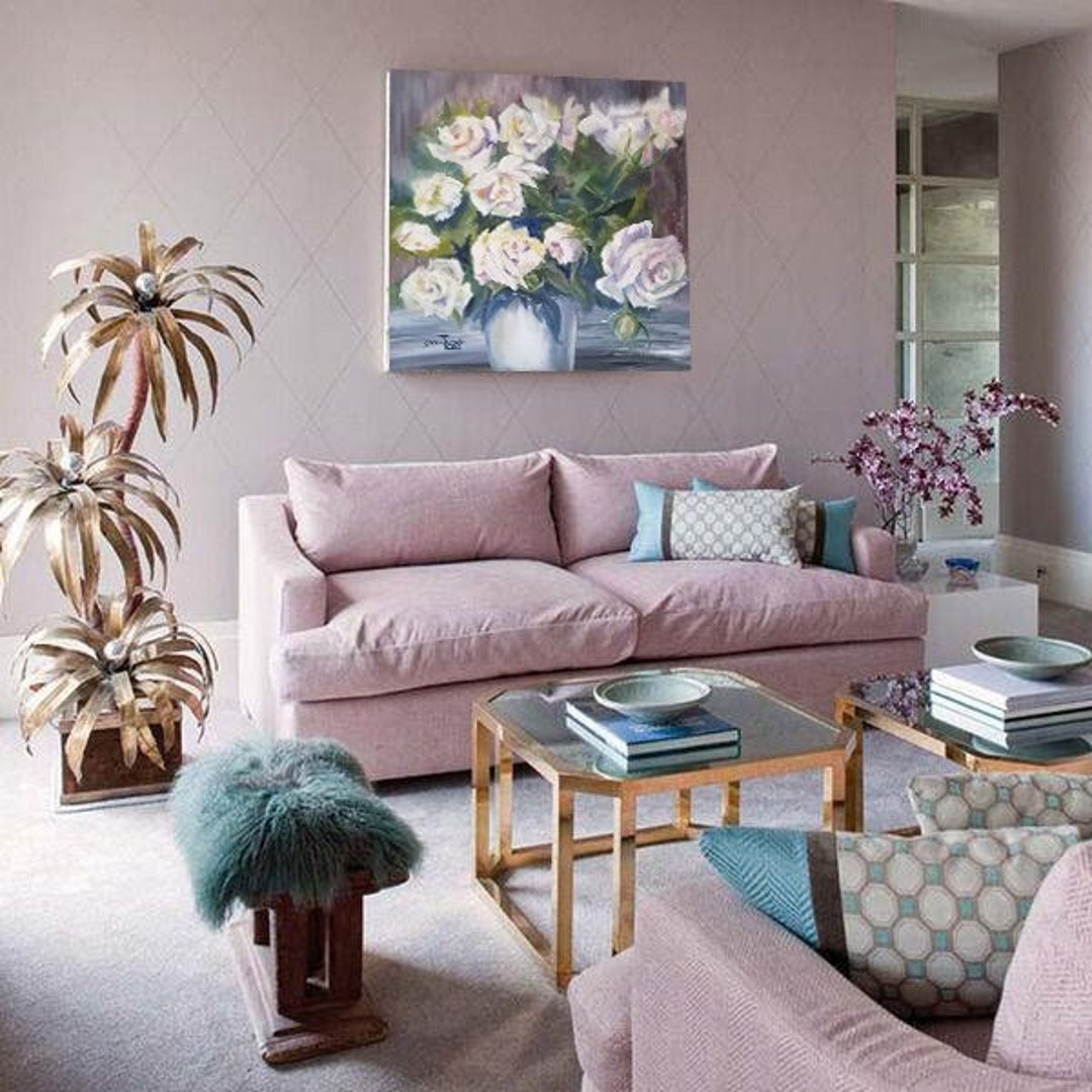 Still Life With Flowers Oil Painting White Roses In A Vase Bouquet