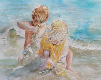 Peinture aquarelle 30x40 centimètres. Enfants jouant sur la plage. Peinture sur les enfants. Un garçon et une fille construisent un château de sable