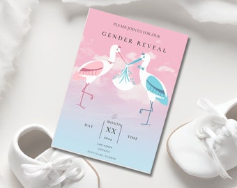 Customised Gender Reveal Party Invitation, Stork and Baby, Pink or Blue,