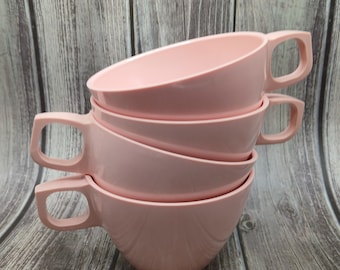 4 Pink Mallo-Ware Melmac Atomic Mid Century Modern Tea Cups | MCM Pink Coffee Cups | Retro Melmac Cups