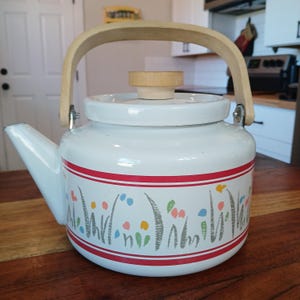 May include: White enamel teapot with a wooden handle and lid knob. The teapot features a red stripe and a floral design in various colors. The spout and handle are white, and the handle is made of light-colored wood.