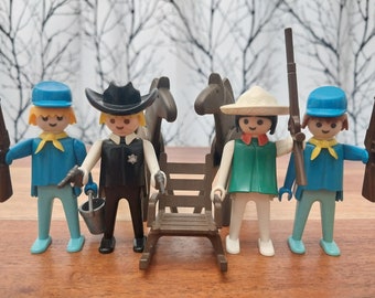 Ensemble de 4 figurines vintage Playmobil Schaper Western - Shérif, femme et cavalerie