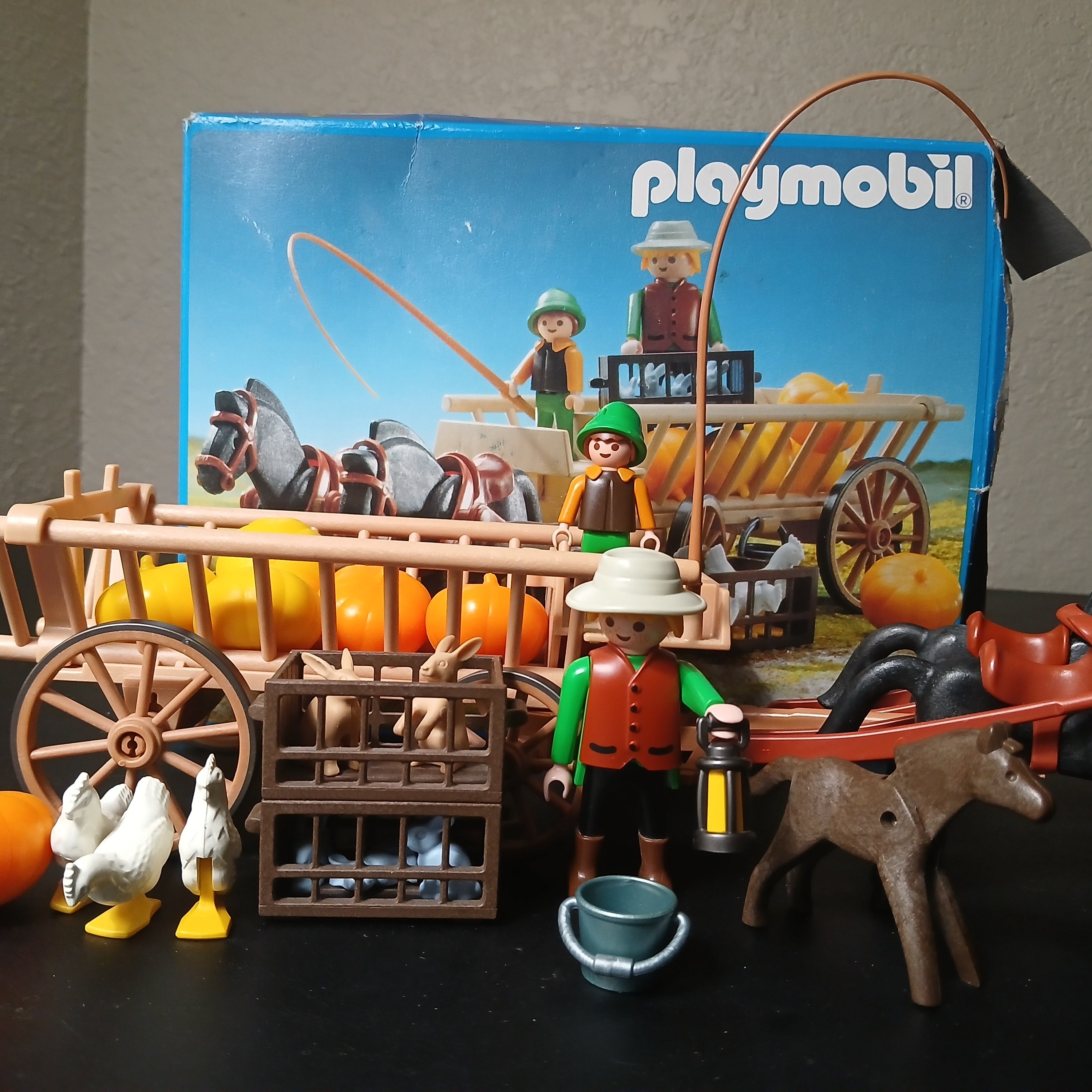 PLAYMOBIL vintage médiéval charrette paysans poules set 3735 de 1992 / boîte