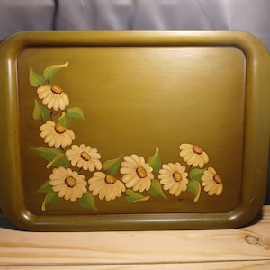 Large Vintage Green Metal Tray 17.5" x 12.5" - Hand Painted with a Floral Design - Signed by "Bev"