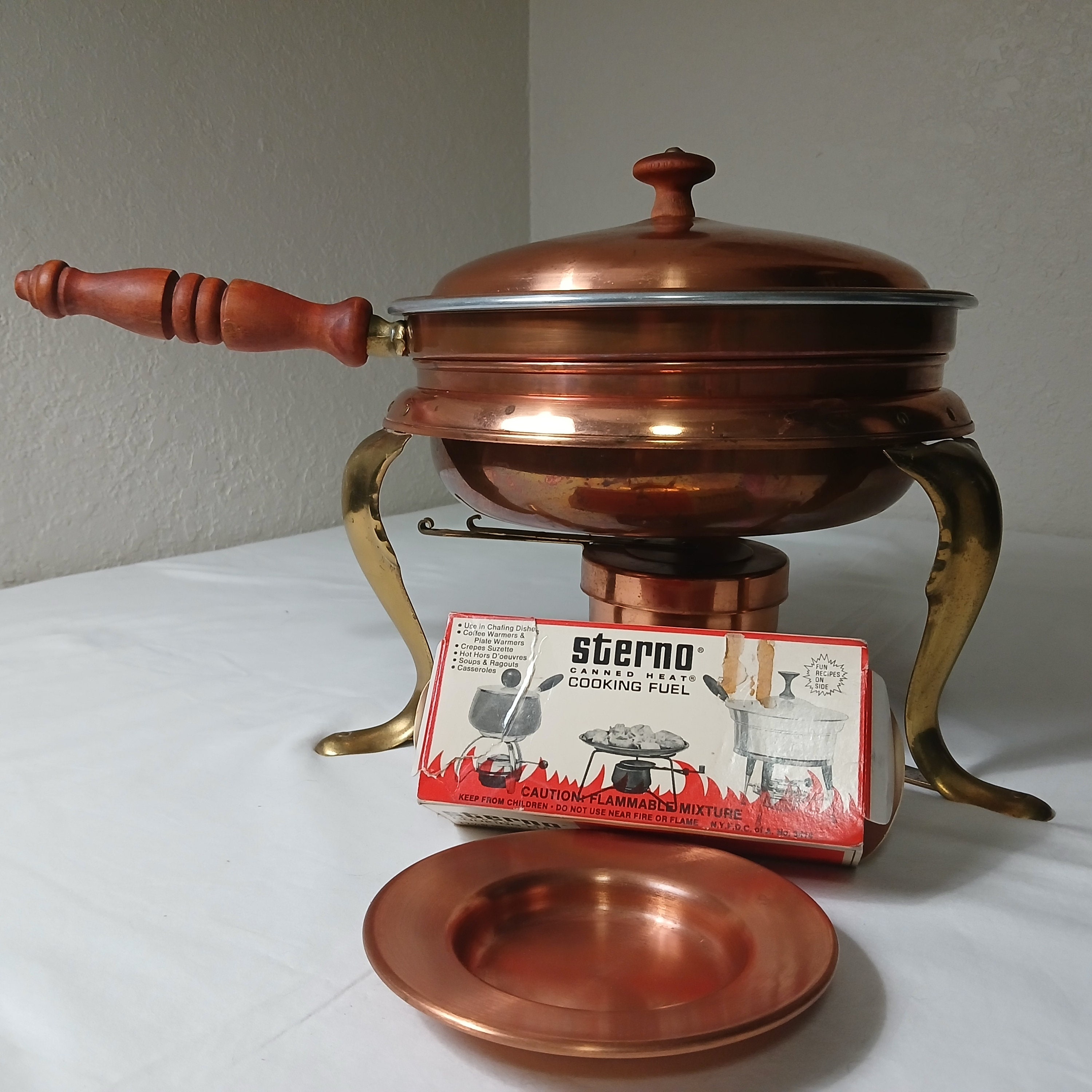 Mid Century Copper Brass Chafing Dish Set Warming Pan Wood
