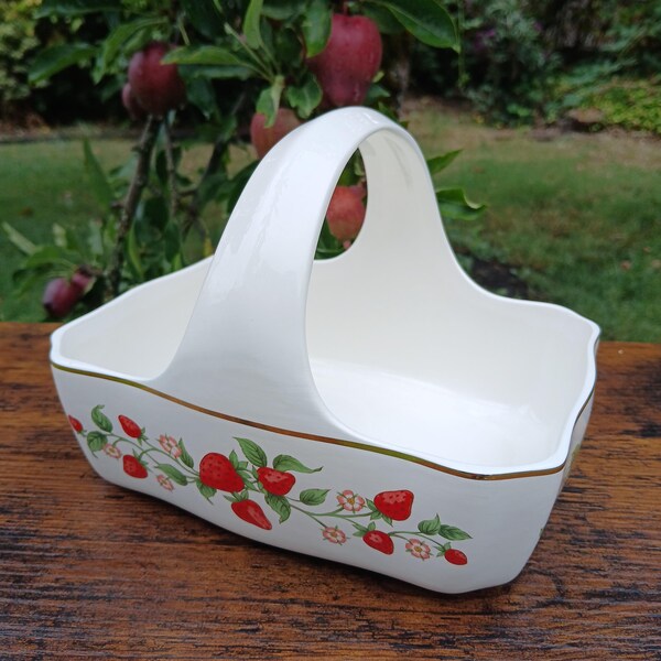 Panier à fraises Teleflora en céramique vintage des années 80 avec bordure dorée