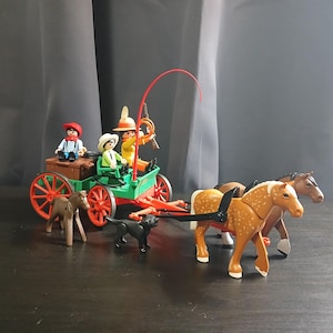 VTG Playmobil 3804 Western Büttenwagen mit 2 Clydesdales, Annie OAKLEY, Kinder & Hund