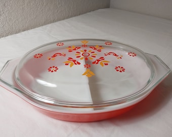 Vintage Pyrex Divided Oval Casserole to Refrigerator Dish - Glass Lid - Yellow Orange, Red Bird Friendship Pattern - 1.5 QT FREE SHIPPING!