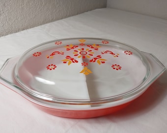 Vintage Pyrex Geteilte ovale Auflaufform zur Kühlschrankschale - Glasdeckel - Gelb Orange, Rotes Vogel-Freundschaftsmuster - 1,5 QT KOSTENLOSER VERSAND!