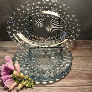 1940’s Anchor Hocking Sapphire Blue Depression Bubble Glass Set of 5 Plates Includes 4 Dinner Plates and a Serving Platter.