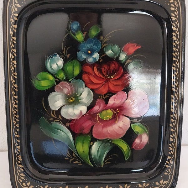Vintage 13" x 10" Zhostovo Hand-Painted Black Metal Floral Tray, Colorful Folk Art Made in Russia