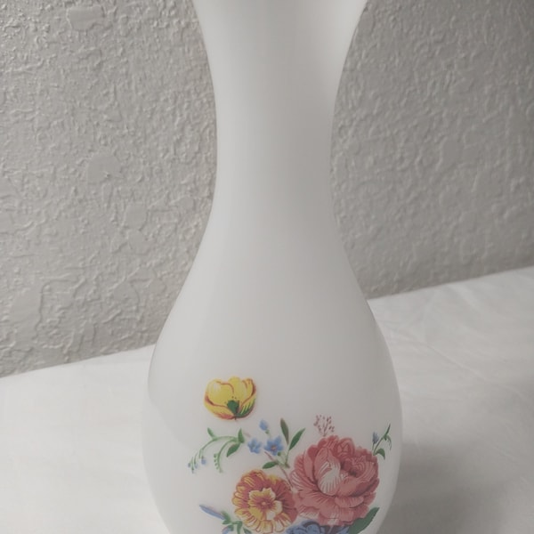 Vintage White Glass Vase with Floral Transfer and Gold Rim