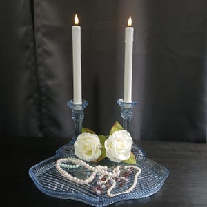 Vintage Art Deco Blue Glass Vanity Tray with Candle Holders