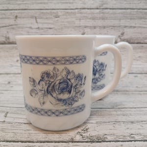 Vintage Arcopal Honorine Mugs France | Set of 2 Cups Blue Floral Roses