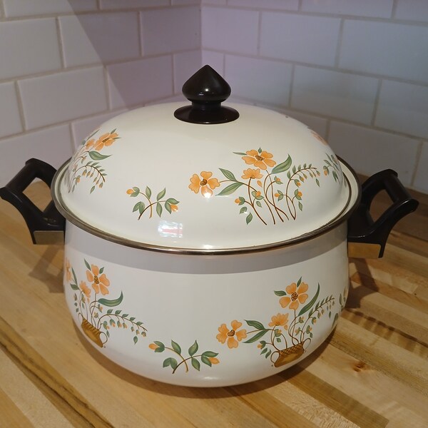Extra Large Vintage Stockpot Countryside Collection JMP Enamel Pot with Lid 8 Qt