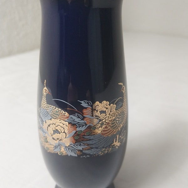 Vintage Decorative Cobalt Blue Small Japanese Vase - Floral with Peacocks and Gold Trim